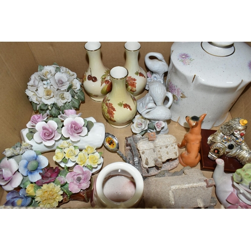 360 - THREE BOXES AND LOOSE CERAMICS AND GLASS WARES, to include a Nao goose with outstretched wings, a Na... 