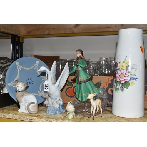 360 - THREE BOXES AND LOOSE CERAMICS AND GLASS WARES, to include a Nao goose with outstretched wings, a Na... 