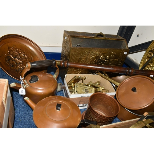 361 - TWO BOXES AND LOOSE BRASS AND COPPER WARES, to include an art deco style copper teapot, kettle and s... 