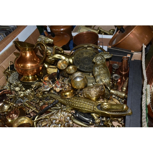 361 - TWO BOXES AND LOOSE BRASS AND COPPER WARES, to include an art deco style copper teapot, kettle and s... 