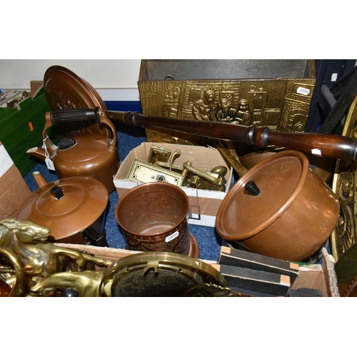 361 - TWO BOXES AND LOOSE BRASS AND COPPER WARES, to include an art deco style copper teapot, kettle and s... 