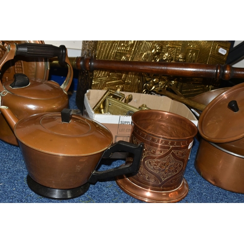 361 - TWO BOXES AND LOOSE BRASS AND COPPER WARES, to include an art deco style copper teapot, kettle and s... 