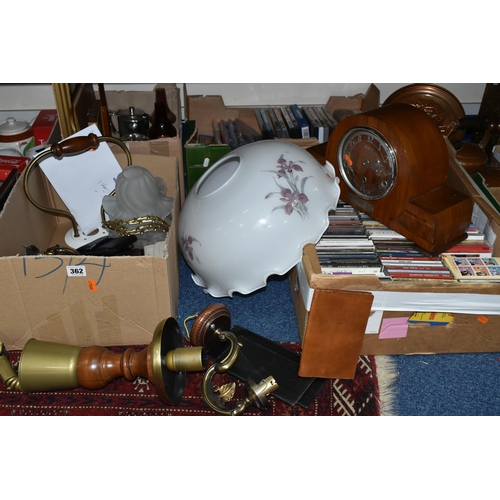 362 - FOUR BOXES AND LOOSE CDS, DVDS, LIGHT FITTINGS, CLOCK AND SUNDRY ITEMS, to include one hundred and t... 