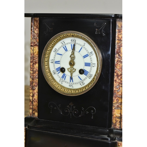 366 - TWO BLACK SLATE AND MARBLE MANTEL CLOCKS, one having an ornate finial, foliate decoration, and black... 