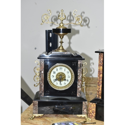 366 - TWO BLACK SLATE AND MARBLE MANTEL CLOCKS, one having an ornate finial, foliate decoration, and black... 