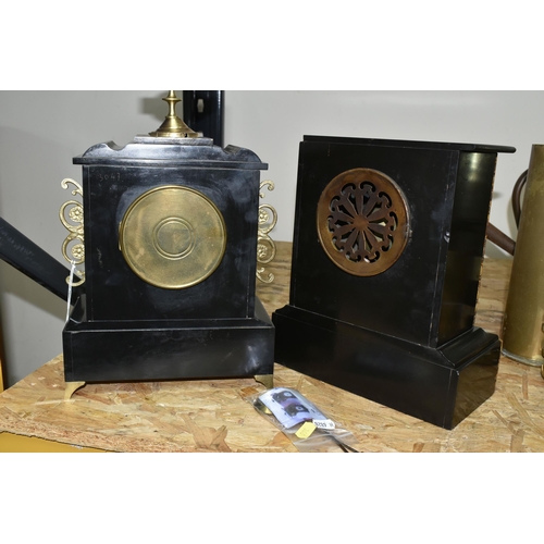 366 - TWO BLACK SLATE AND MARBLE MANTEL CLOCKS, one having an ornate finial, foliate decoration, and black... 