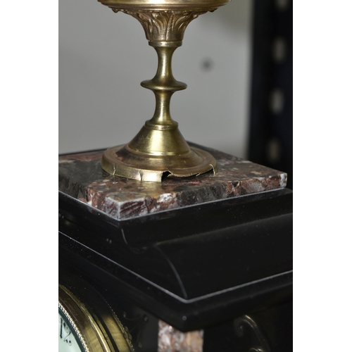 366 - TWO BLACK SLATE AND MARBLE MANTEL CLOCKS, one having an ornate finial, foliate decoration, and black... 