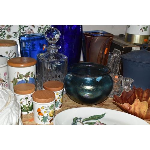 368 - A COLLECTION OF CERAMICS AND GLASS WARES, to include a blue art glass vase by Henry Dean, signed to ... 