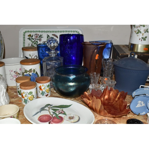 368 - A COLLECTION OF CERAMICS AND GLASS WARES, to include a blue art glass vase by Henry Dean, signed to ... 