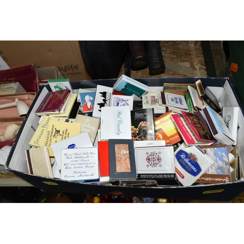 372 - SIX BOXES AND LOOSE PIPES, MATCHBOOKS, STAMPS, TENNIS RACQUETS AND SUNDRY ITEMS, to include a box of... 