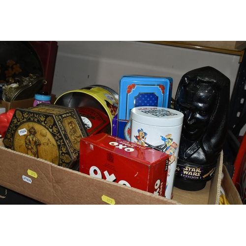 373 - FOUR BOXES AND LOOSE ADVERTISING CERAMICS, TINS AND OTHER ITEMS, to include a hexagonal Huntley & Pa... 