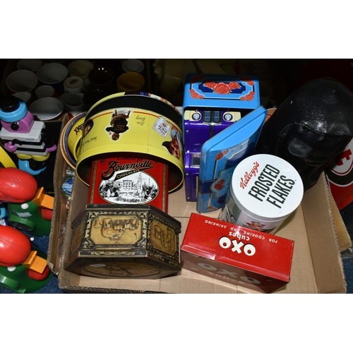 373 - FOUR BOXES AND LOOSE ADVERTISING CERAMICS, TINS AND OTHER ITEMS, to include a hexagonal Huntley & Pa... 