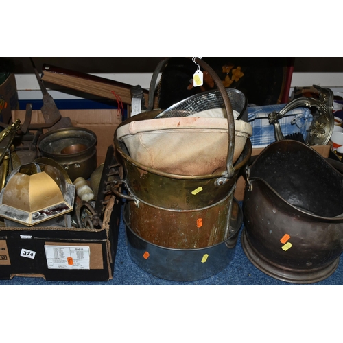 374 - TWO BOXES AND LOOSE METAL WARES AND SUNDRY ITEMS, to include a copper helmet shaped coal scuttle, a ... 