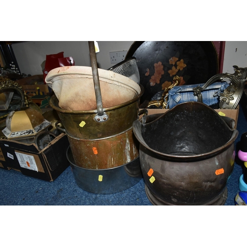 374 - TWO BOXES AND LOOSE METAL WARES AND SUNDRY ITEMS, to include a copper helmet shaped coal scuttle, a ... 