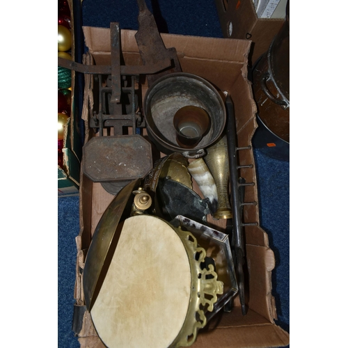 374 - TWO BOXES AND LOOSE METAL WARES AND SUNDRY ITEMS, to include a copper helmet shaped coal scuttle, a ... 