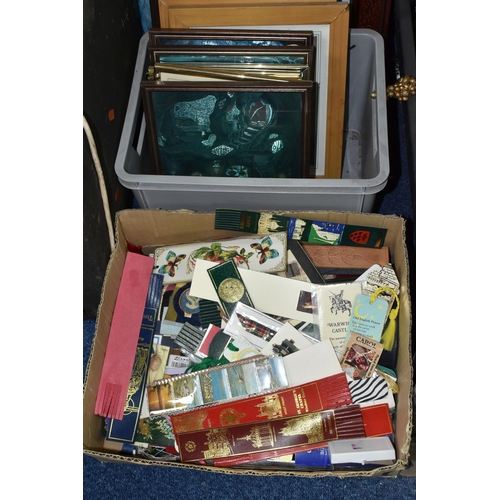 376 - THREE BOXES AND LOOSE PICTURES, REEL TO REEL TAPE RECORDER, BOOKMARKS, ETC, to include a Philips ree... 