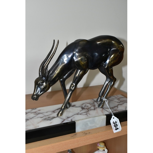 384 - AN ART DECO SCULPTURE OF A PAIR OF GAZELLES, in bronzed finish, on a three coloured marble plinth, h... 