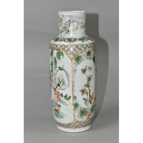 385 - A 19TH CENTURY CHINESE FAMILLE VERTE ROULEAU VASE, lacks upper rim, unevenly ground down, the neck p... 