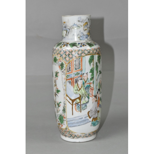 385 - A 19TH CENTURY CHINESE FAMILLE VERTE ROULEAU VASE, lacks upper rim, unevenly ground down, the neck p... 