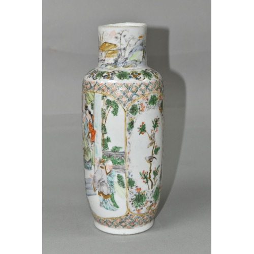 385 - A 19TH CENTURY CHINESE FAMILLE VERTE ROULEAU VASE, lacks upper rim, unevenly ground down, the neck p... 