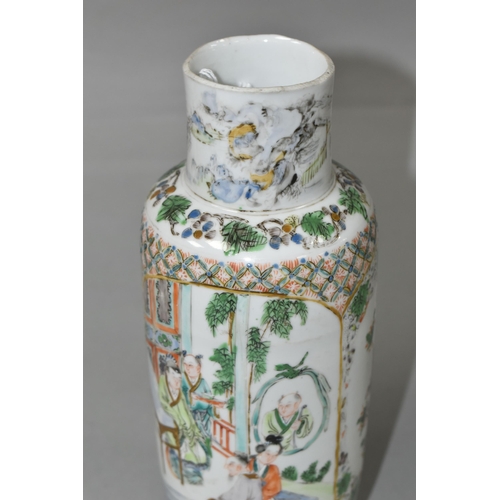 385 - A 19TH CENTURY CHINESE FAMILLE VERTE ROULEAU VASE, lacks upper rim, unevenly ground down, the neck p... 