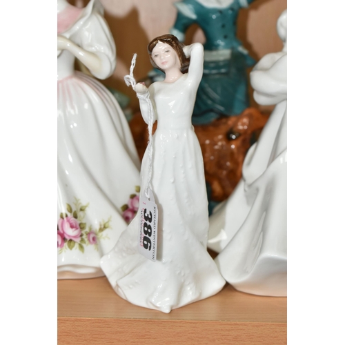 386 - NINE ROYAL DOULTON AND COALPORT FIGURINES, comprising Royal Doulton: Gillian HN3742 (chip to frill o... 