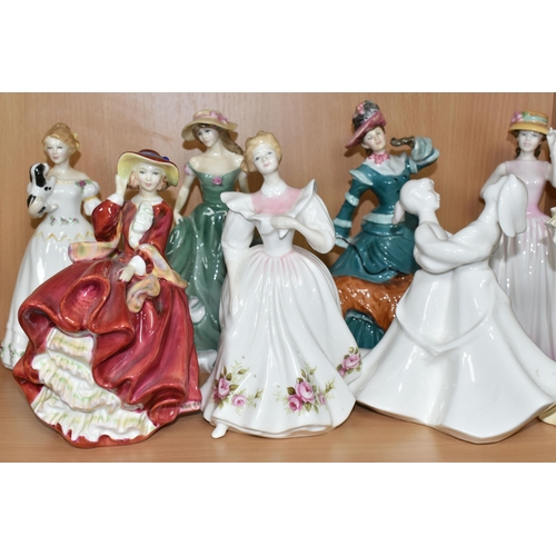 386 - NINE ROYAL DOULTON AND COALPORT FIGURINES, comprising Royal Doulton: Gillian HN3742 (chip to frill o... 