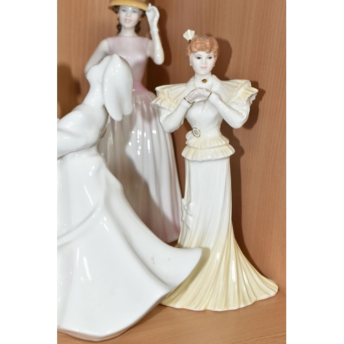 386 - NINE ROYAL DOULTON AND COALPORT FIGURINES, comprising Royal Doulton: Gillian HN3742 (chip to frill o... 