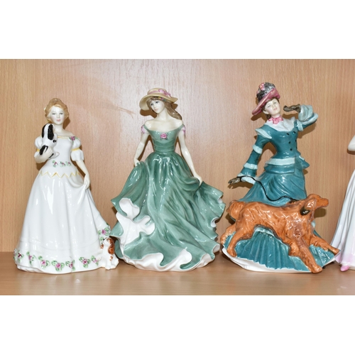 386 - NINE ROYAL DOULTON AND COALPORT FIGURINES, comprising Royal Doulton: Gillian HN3742 (chip to frill o... 