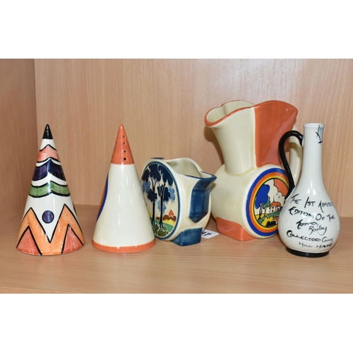 387 - FIVE PIECES OF CLARICE CLIFF STYLE CERAMICS, to include an Old Ellgreave Pottery sugar caster signed... 