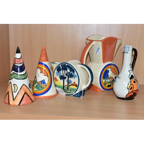 387 - FIVE PIECES OF CLARICE CLIFF STYLE CERAMICS, to include an Old Ellgreave Pottery sugar caster signed... 