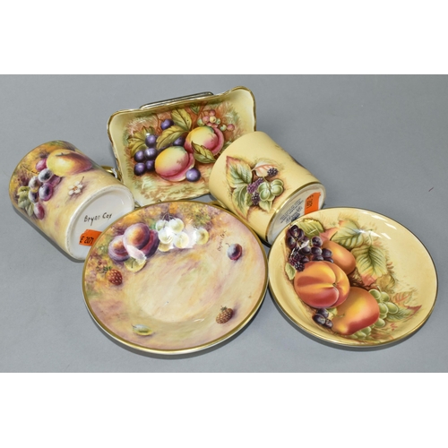 388 - A COFFEE CAN AND SAUCER HAND PAINTED BY ROYAL WORCESTER ARTIST BRYAN COX, painted with apples, grape... 