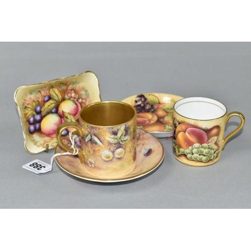 388 - A COFFEE CAN AND SAUCER HAND PAINTED BY ROYAL WORCESTER ARTIST BRYAN COX, painted with apples, grape... 