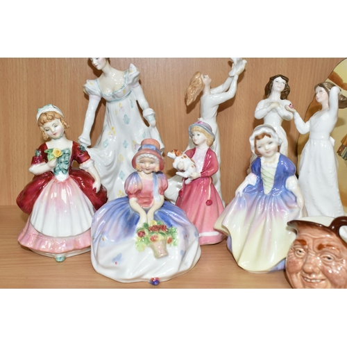 389 - A COLLECTION OF ROYAL DOULTON FIGURINES AND OTHER ITEMS, to include nine figurines: Tinkle Bell HN16... 