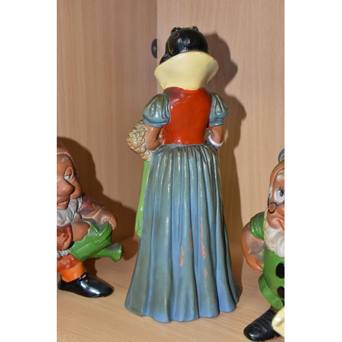 392 - A VINTAGE TERRACOTTA PART SET OF SNOW WHITE AND SIX OF THE DWARFS, hollow slip cast painted figures ... 