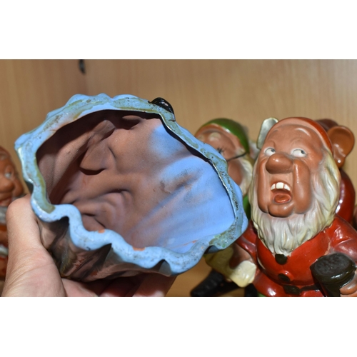 392 - A VINTAGE TERRACOTTA PART SET OF SNOW WHITE AND SIX OF THE DWARFS, hollow slip cast painted figures ... 