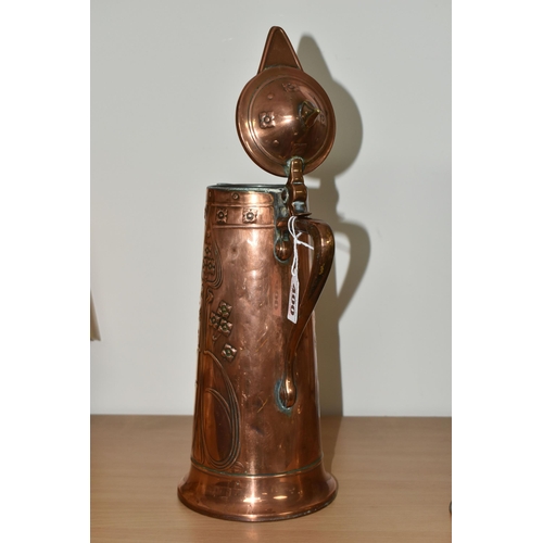 400 - AN ART NOUVEAU COPPER JUG BY JOSEPH SANKEY & SONS, of covered tapering form, with stylised Art Nouve... 