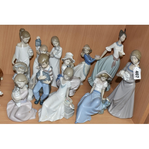 407 - A GROUP OF NAO FIGURES, to include a girl holding a rabbit, five children holding puppies, a girl ho... 