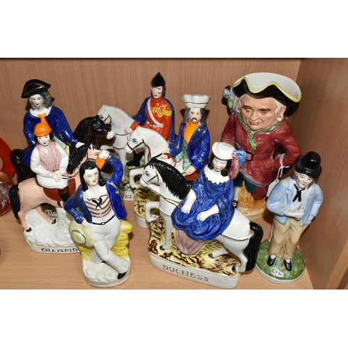 409 - EIGHT REPRODUCTION STAFFORSDHIRE POTTERY FIGURES AND A TOBY JUG, the figures comprising 'Champion', ... 