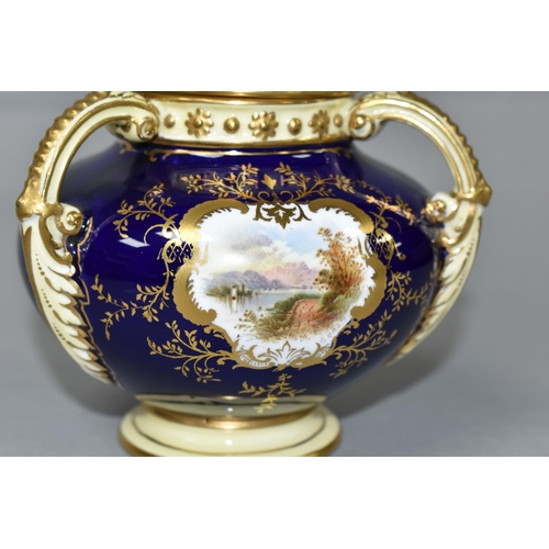 421 - AN EARLY 20TH CENTURY COALPORT POT POURRI, blue, pale yellow and gilt ground, with domed pierced cov... 