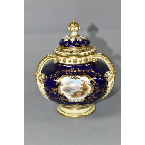 421 - AN EARLY 20TH CENTURY COALPORT POT POURRI, blue, pale yellow and gilt ground, with domed pierced cov... 