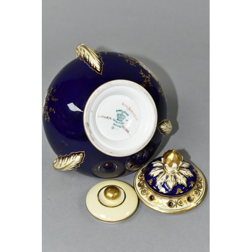 421 - AN EARLY 20TH CENTURY COALPORT POT POURRI, blue, pale yellow and gilt ground, with domed pierced cov... 