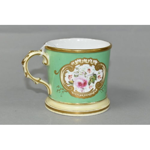 426 - A COALPORT HANDPAINTED SMALL MUG, unsigned, monogrammed and dated M.H 1843 in gold gilt, decorated w... 