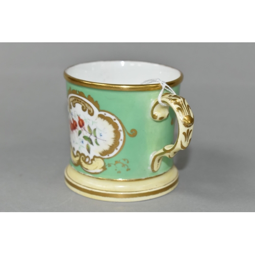 426 - A COALPORT HANDPAINTED SMALL MUG, unsigned, monogrammed and dated M.H 1843 in gold gilt, decorated w... 