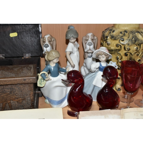 430 - A GROUP OF CERAMICS, GLASS, TREEN AND BOOKS, to include two Whitefriars red 'Dilly' ducks, five Nao ... 