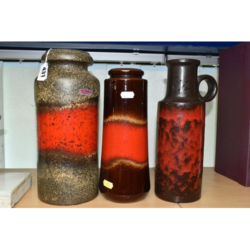 431 - THREE WEST GERMAN SCHEURICH VASES, comprising a 517-30 vase, with smooth red glazed band on a textur... 