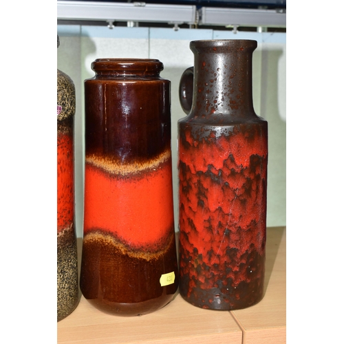 431 - THREE WEST GERMAN SCHEURICH VASES, comprising a 517-30 vase, with smooth red glazed band on a textur... 