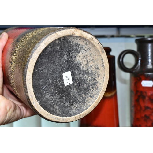 431 - THREE WEST GERMAN SCHEURICH VASES, comprising a 517-30 vase, with smooth red glazed band on a textur... 