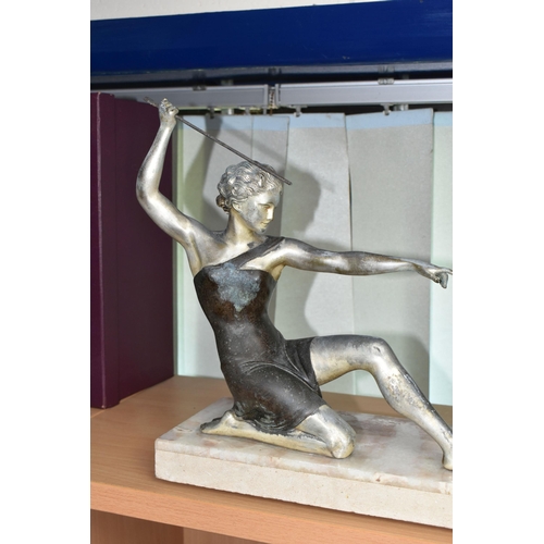 432 - A FRENCH ART DECO SCULPTURE, depicting a female figure possibly Diana and a running deer, mounted on... 