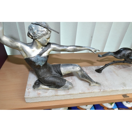 432 - A FRENCH ART DECO SCULPTURE, depicting a female figure possibly Diana and a running deer, mounted on... 